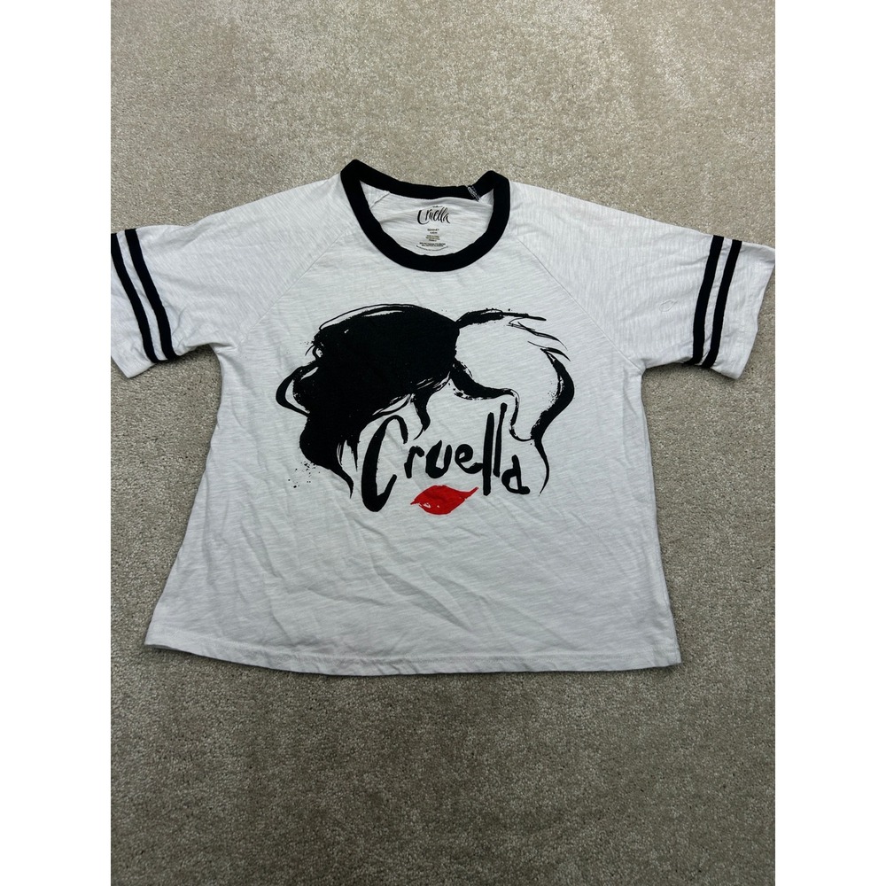 Disney Cruella de Vil Graphic T-Shirt S White Ringer Raglan Disneycore Goth Punk